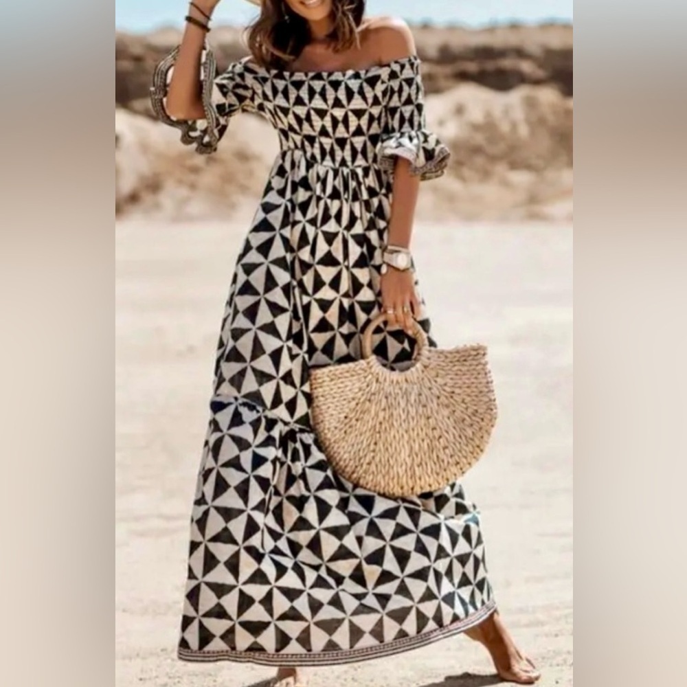 Classy Bohemian Off the Shoulder Chevron Print Summer Midi Dress